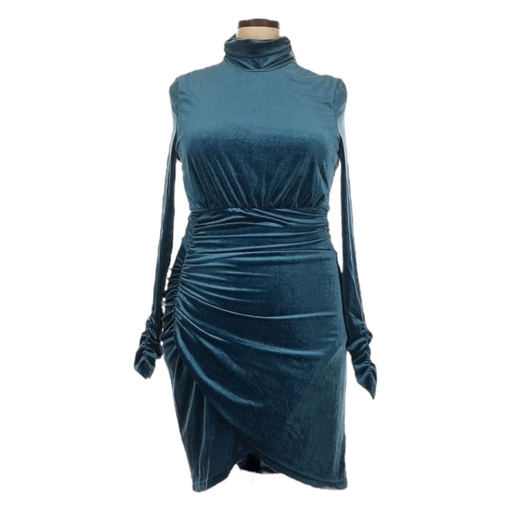 NWT Rachel Parcell Ruched Velvet Mock Neck Mini Dress XXL Teal Stretch Holiday